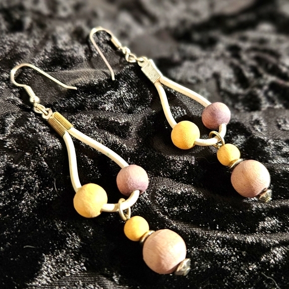 3 Inch Dangle Earrings with Wood Beads - Picture 2 of 4